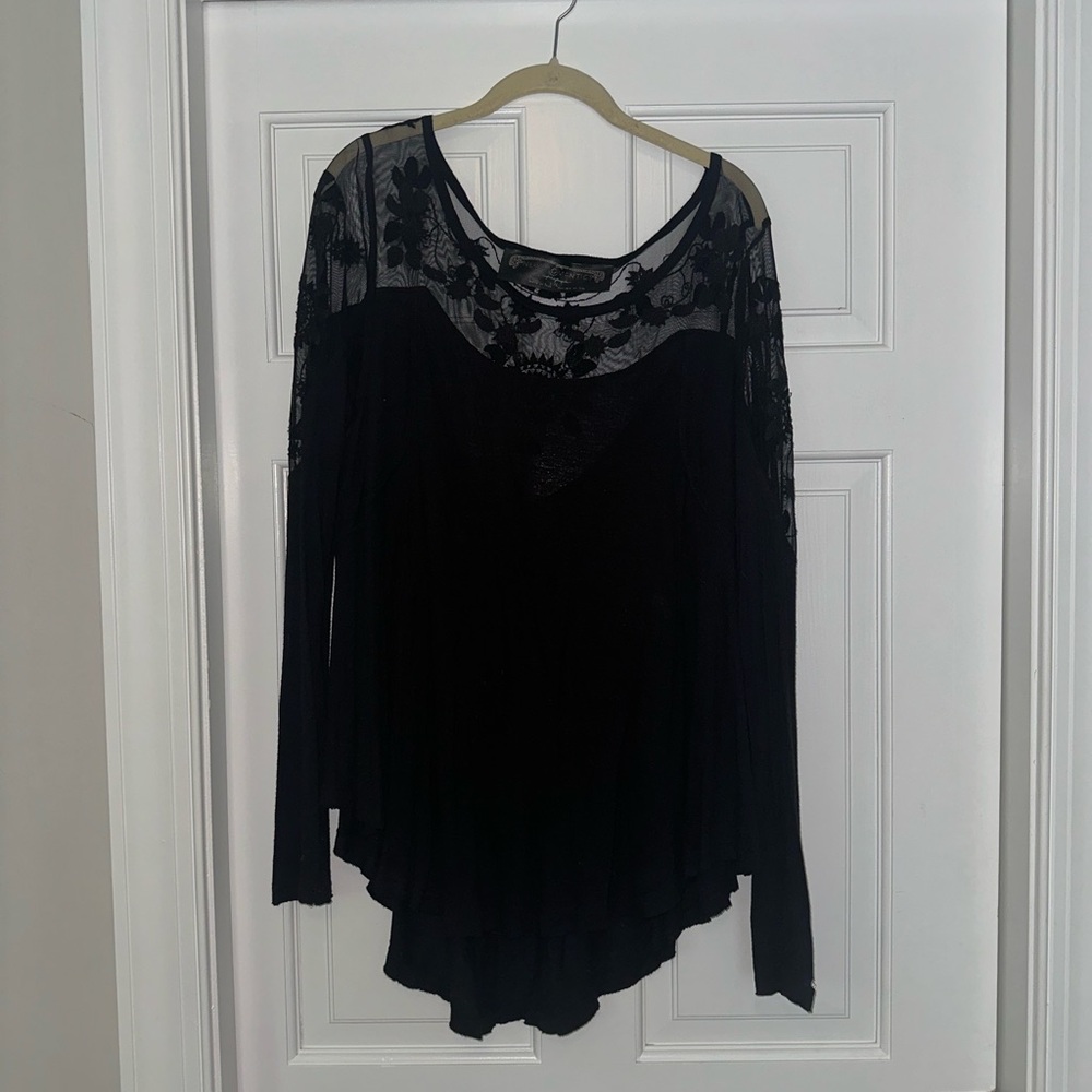 Free People New Romantics Lace Long Sleeve Blouse in Black Size Large